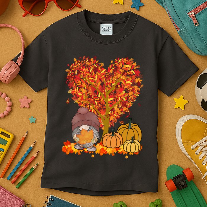 Gnome Fall Autumn Heart Cute Kids T-Shirt