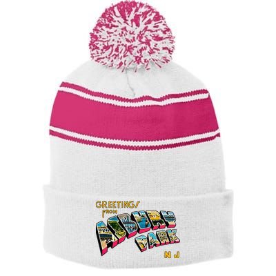 Greetings From Asbury Park NJ 70s Rock Music Retro Stripe Pom Pom Beanie