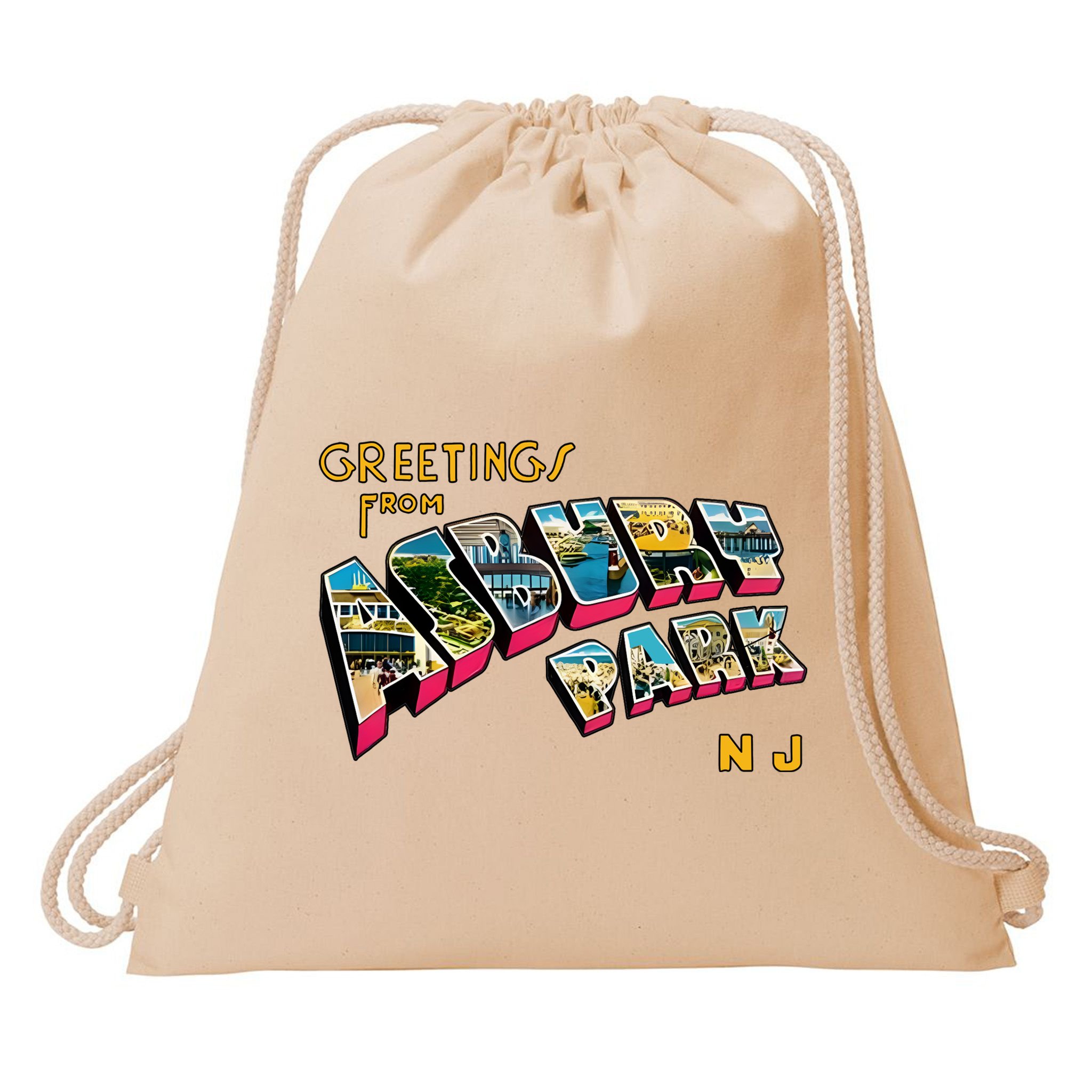 Greetings From Asbury Park NJ 70s Rock Music Retro Drawstring Bag