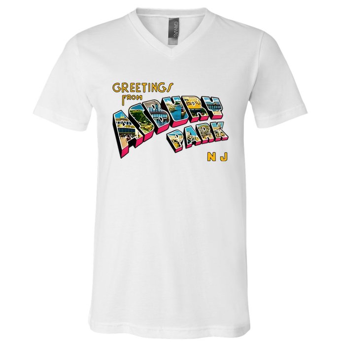 Greetings From Asbury Park NJ 70s Rock Music Retro V-Neck T-Shirt