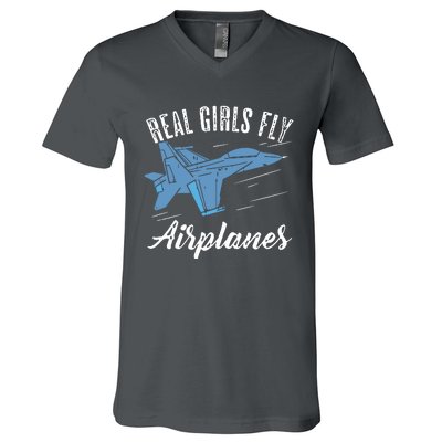 Girl Fly Airplanes Funny Aviation Future Pilot Jet Lovers V-Neck T-Shirt