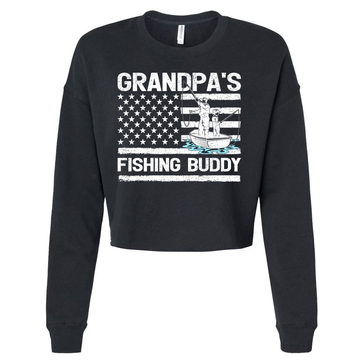 Grandpa's Fishing Buddy American Flag Fishing Father's Day Cool Gift Cropped Pullover Crew