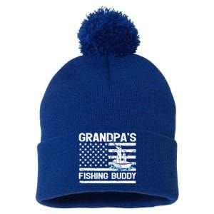 Grandpa's Fishing Buddy American Flag Fishing Father's Day Cool Gift Pom Pom 12in Knit Beanie