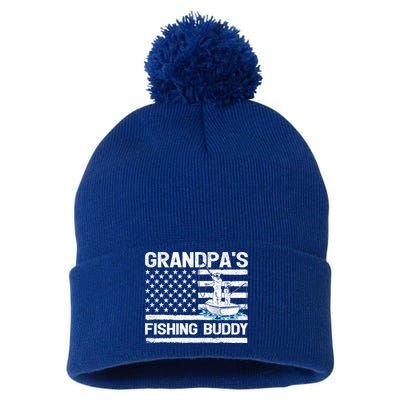 Grandpa's Fishing Buddy American Flag Fishing Father's Day Cool Gift Pom Pom 12in Knit Beanie