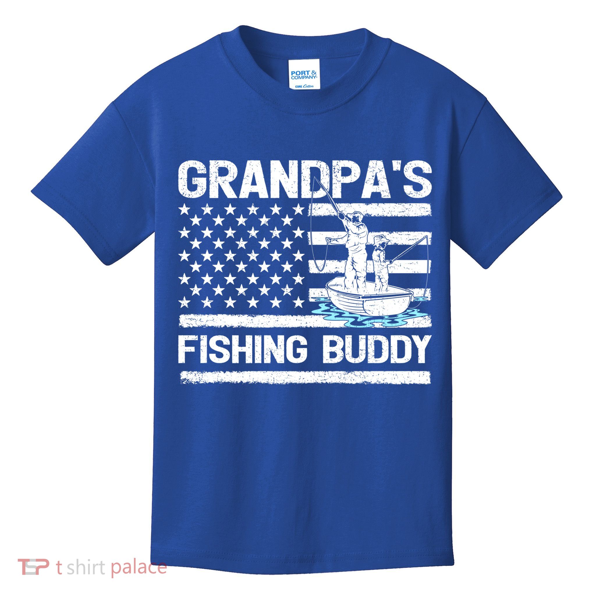Grandpa's Fishing Buddy American Flag Fishing Father's Day Cool Gift Kids T-Shirt