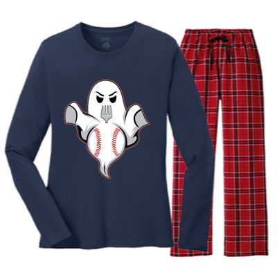 Ghost Forkball Baseball Pitch Fork Ball Strikeout Pitcher Women's Long Sleeve Flannel Pajama Set 