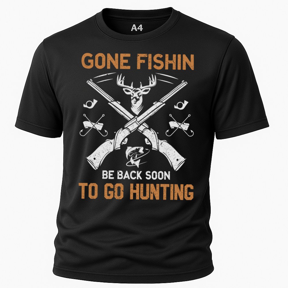 Gone Fishin Be Back Soon To Go Hunting Vintage Funny Gift Cooling Performance Crew T-Shirt