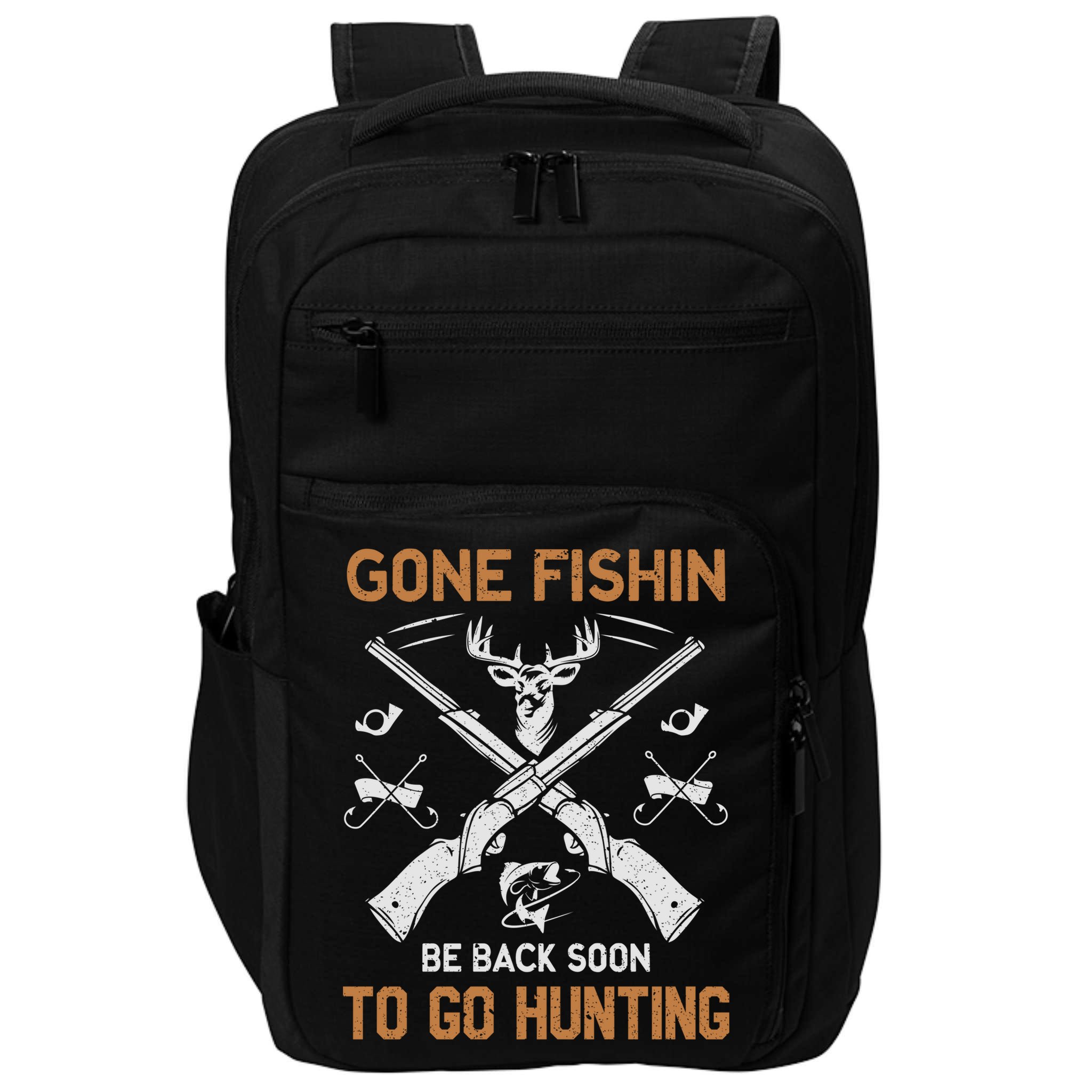 Gone Fishin Be Back Soon To Go Hunting Vintage Funny Gift Impact Tech Backpack