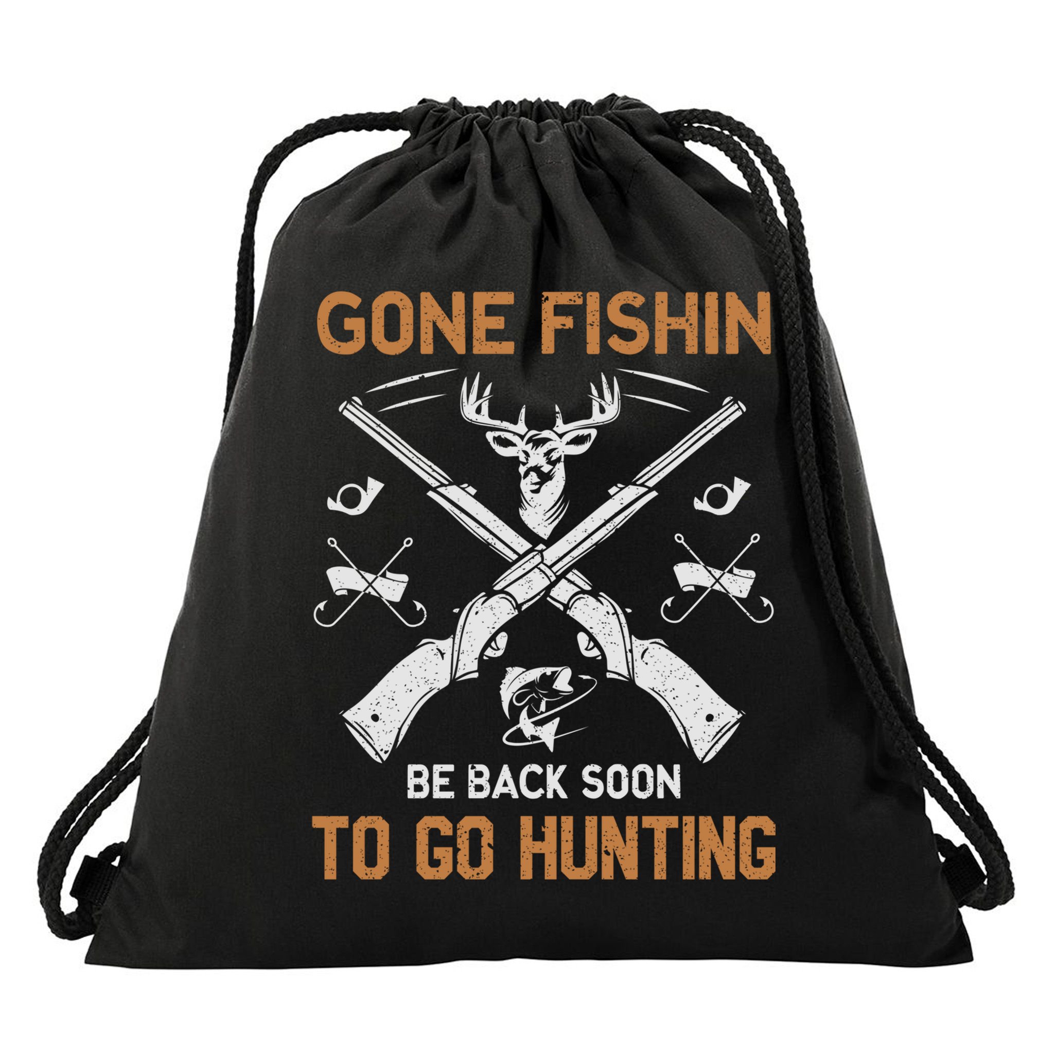 Gone Fishin Be Back Soon To Go Hunting Vintage Funny Gift Drawstring Bag