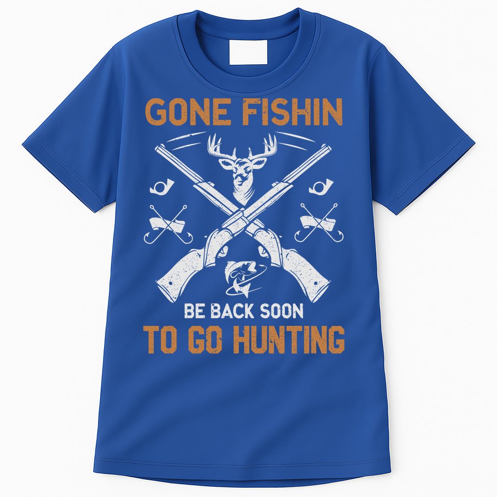 Gone Fishin Be Back Soon To Go Hunting Vintage Funny Gift Tall T-Shirt