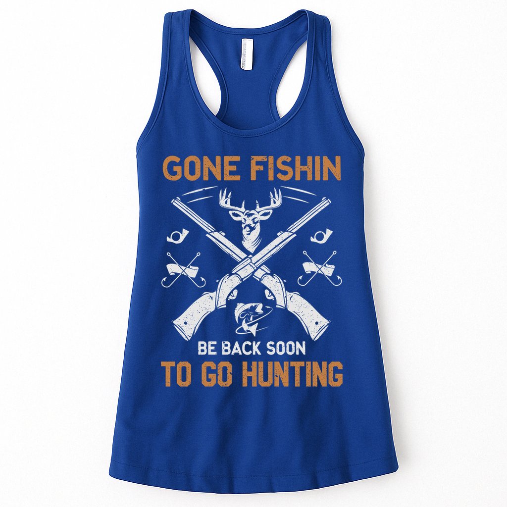 Gone Fishin Be Back Soon To Go Hunting Vintage Funny Gift Womens Tank Top
