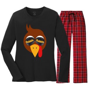 Gobble Funny Cute Turkey Face Cute Turkey Family Thanksgiving Thanksgivings Women's Long Sleeve Flannel Pajama Set 