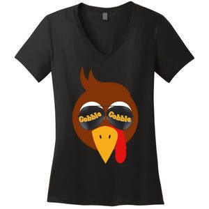 Gobble Funny Cute Turkey Face Cute Turkey Family Thanksgiving Thanksgivings Women's V-Neck T-Shirt