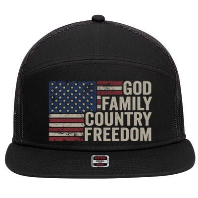 God Family Country Freedom Great Gift 4th July Usa Flag Christian Meaningful Gif 7 Panel Mesh Trucker Snapback Hat