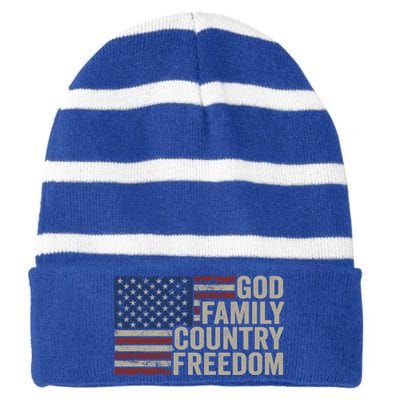 God Family Country Freedom Great Gift 4th July Usa Flag Christian Meaningful Gif Striped Beanie with Solid Band