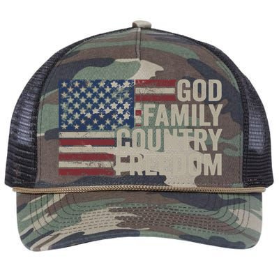 God Family Country Freedom Great Gift 4th July Usa Flag Christian Meaningful Gif Retro Rope Trucker Hat Cap