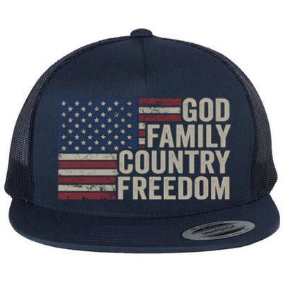 God Family Country Freedom Great Gift 4th July Usa Flag Christian Meaningful Gif Flat Bill Trucker Hat