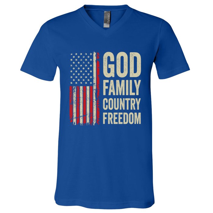 God Family Country Freedom Gift Patriotic Usa Flag Gift V-Neck T-Shirt