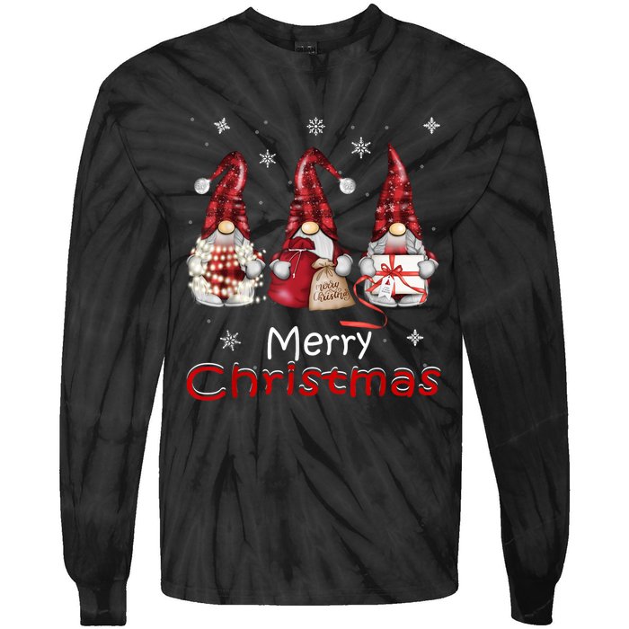 Gnome Family Christmas For Women Buffalo Plaid Tie-Dye Long Sleeve Shirt