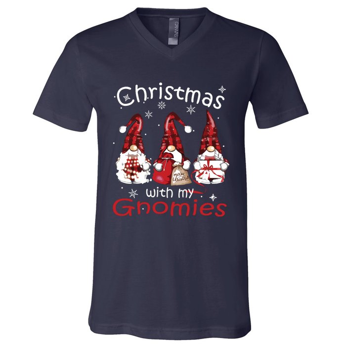 Gnome Family Christmas Shirts For Women Buffalo Plaid V-Neck T-Shirt