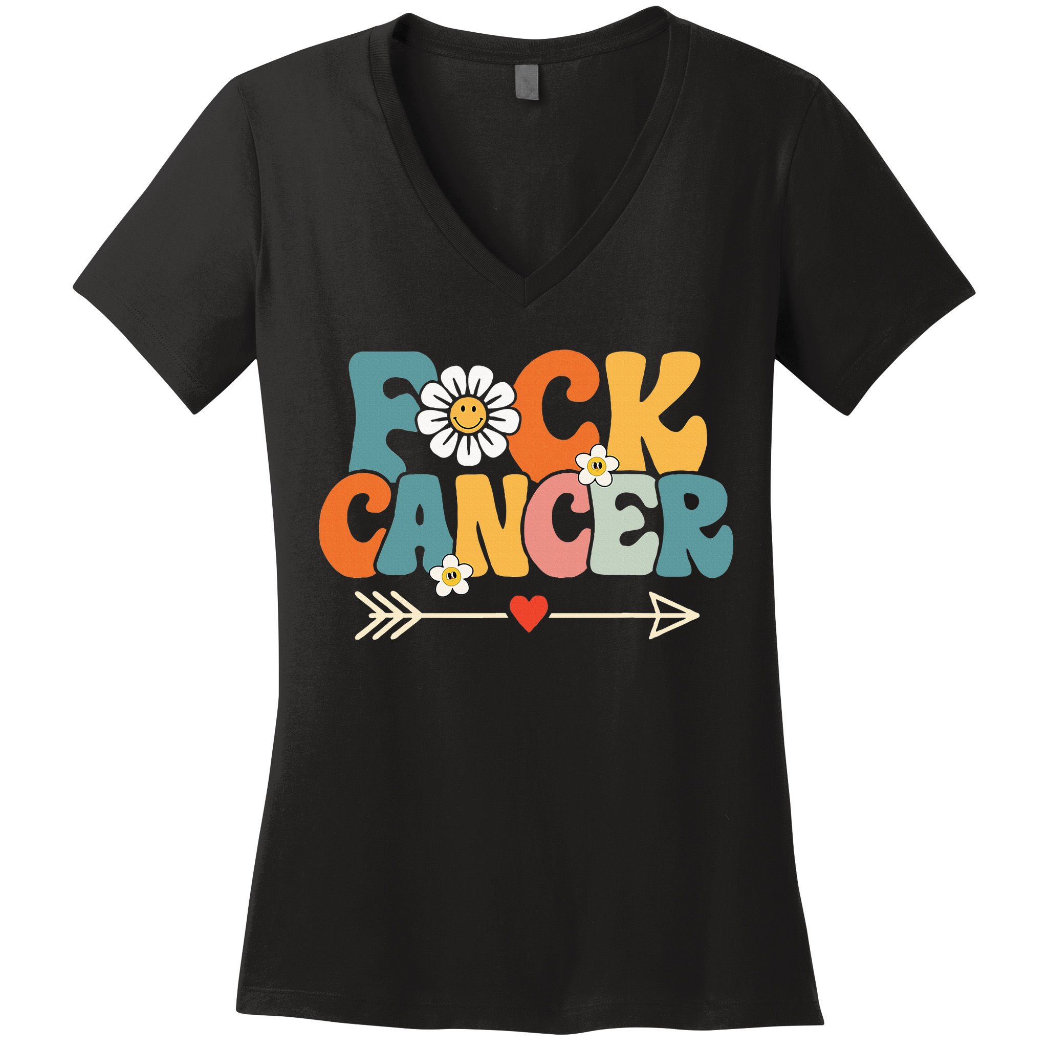 Groovy Fuck Cancer I Hate Cancer Breast Cancer Awareness Women's V-Neck T-Shirt