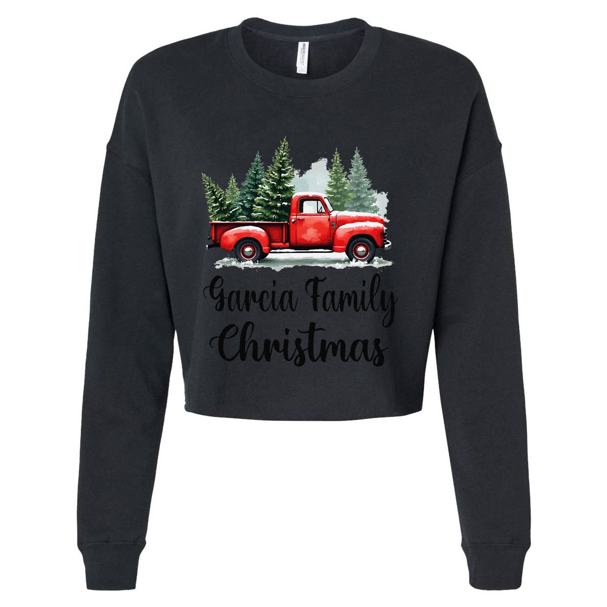 Garcia Family Christmas Vintage Red Wagon Truck Xmas Tree Cropped Pullover Crew