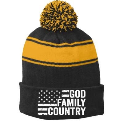 God Family Country - Patriotic Christian American Flag Stripe Pom Pom Beanie