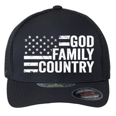 God Family Country - Patriotic Christian American Flag Flexfit Unipanel Trucker Cap