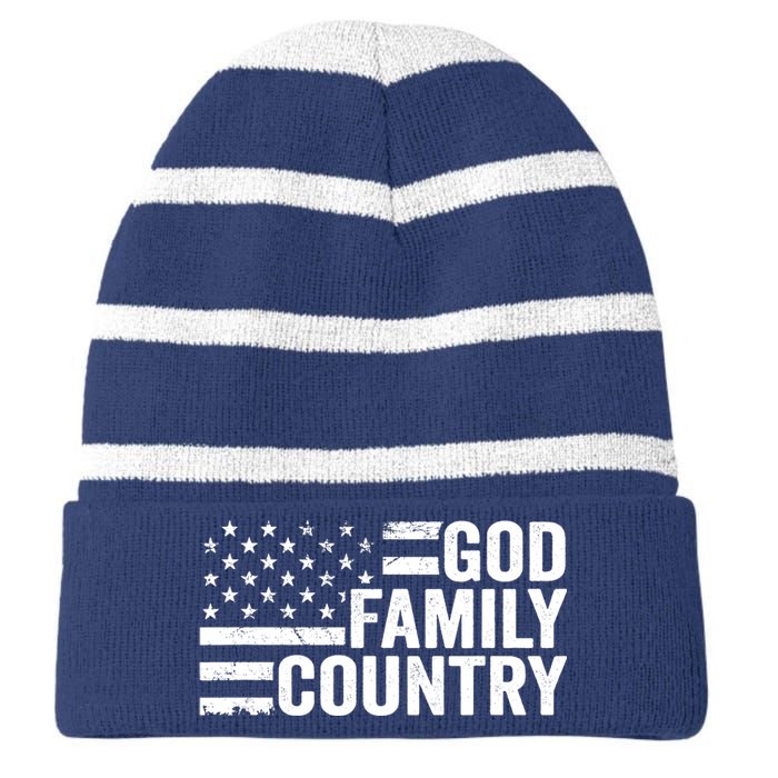 God Family Country - Patriotic Christian American Flag Striped Beanie with Solid Band