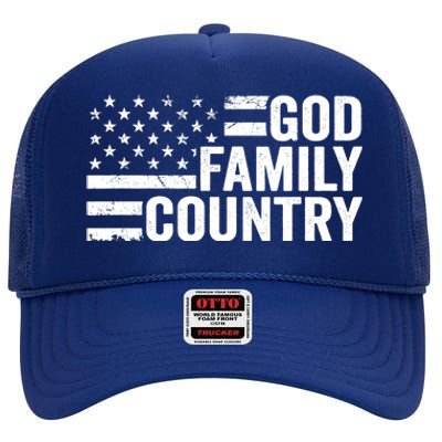 God Family Country - Patriotic Christian American Flag High Crown Mesh Back Trucker Hat