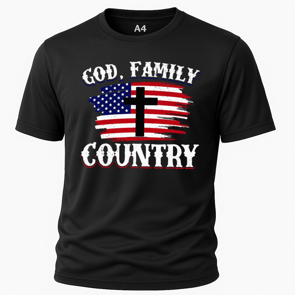 God Family Country American Flag Cross Christian Patriotic Cooling Performance Crew T-Shirt