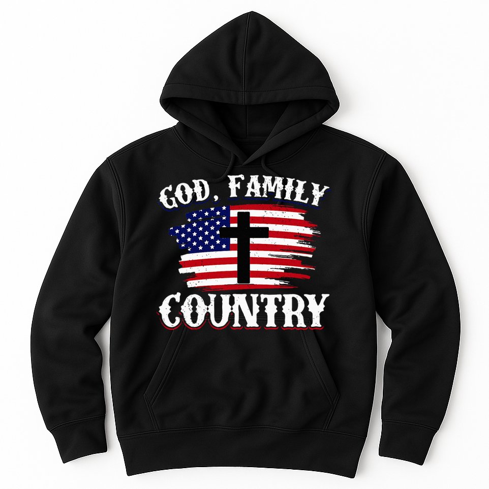 God Family Country American Flag Cross Christian Patriotic Hoodie