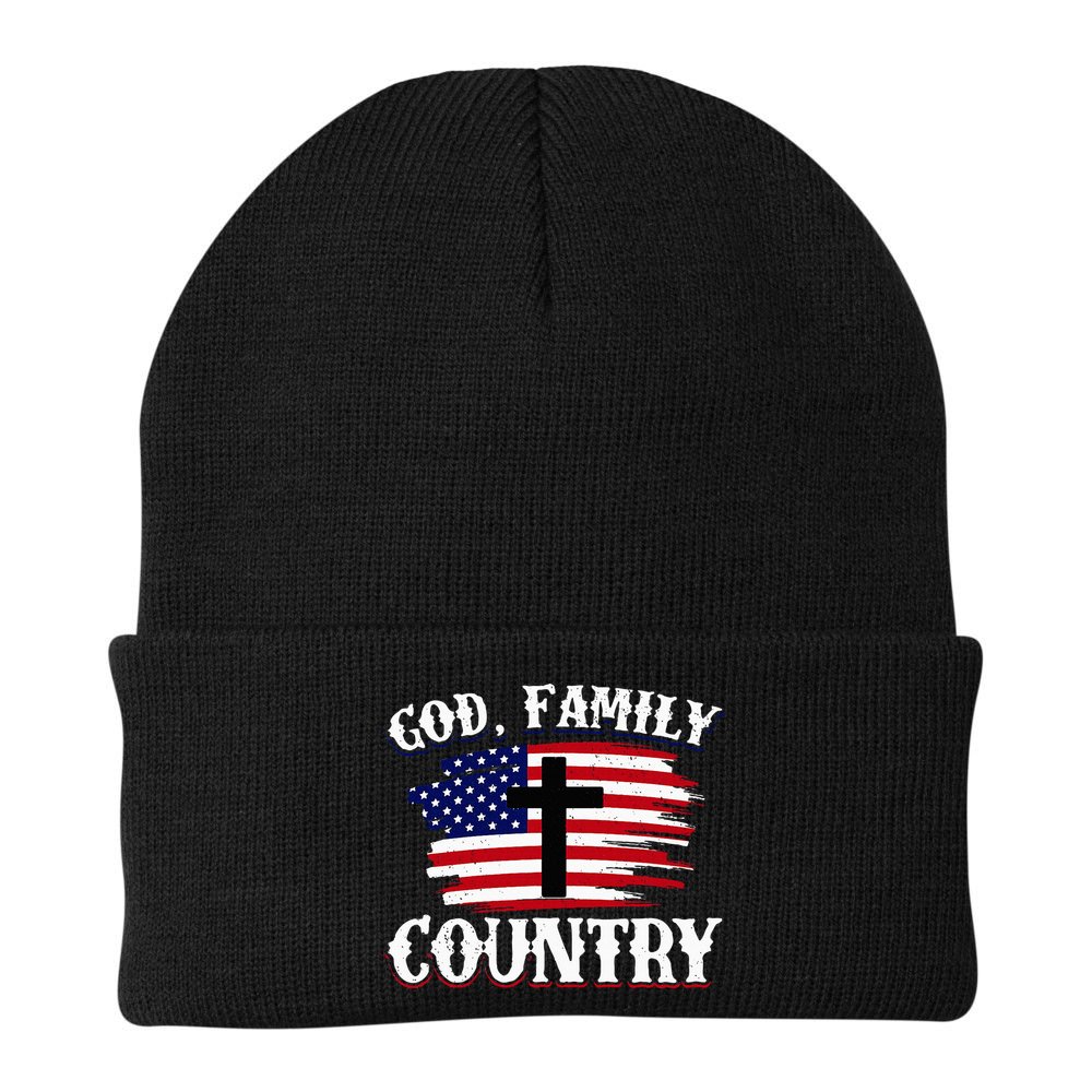 God Family Country American Flag Cross Christian Patriotic Beanie