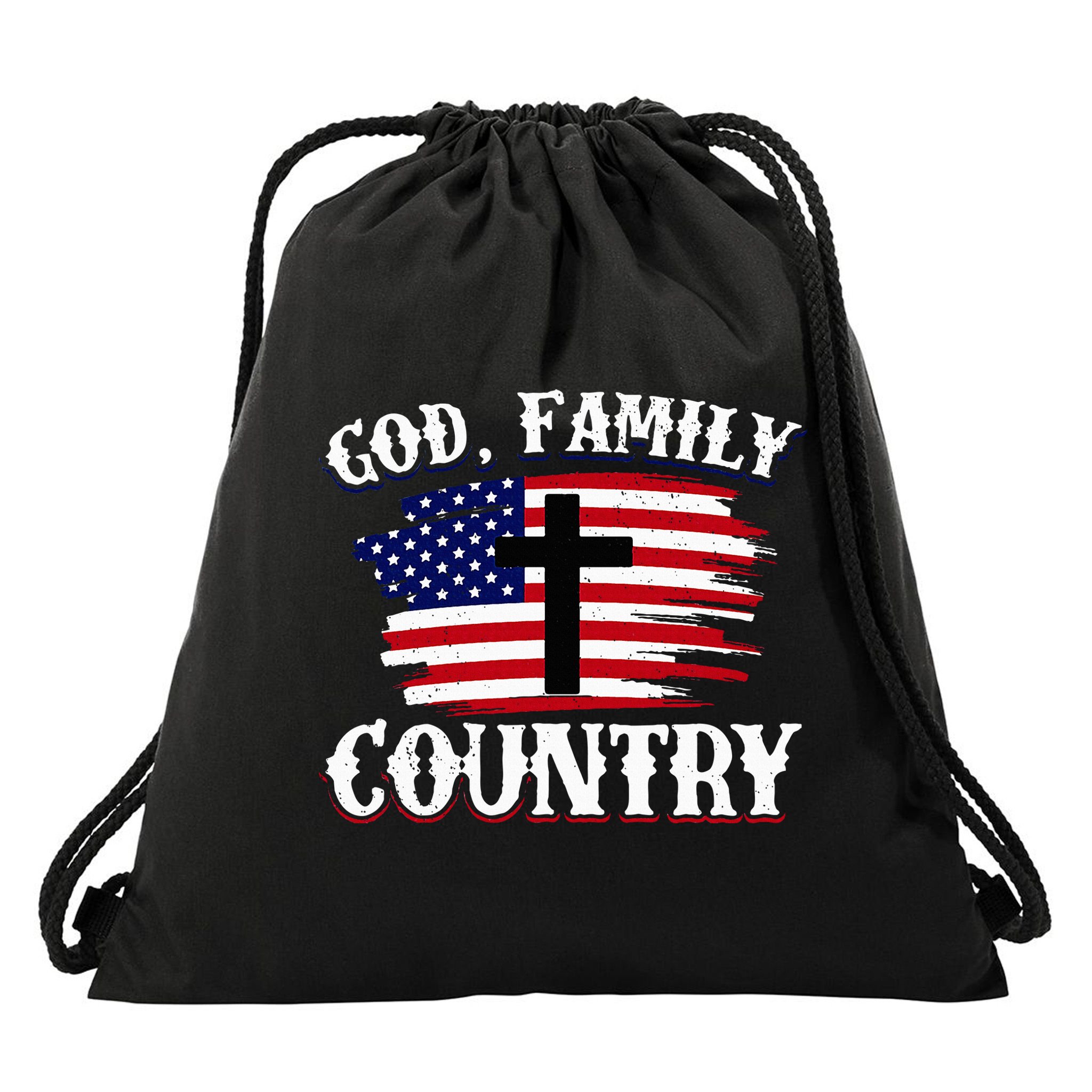 God Family Country American Flag Cross Christian Patriotic Drawstring Bag