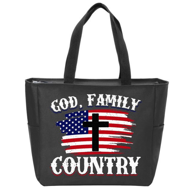 God Family Country American Flag Cross Christian Patriotic Zip Tote Bag