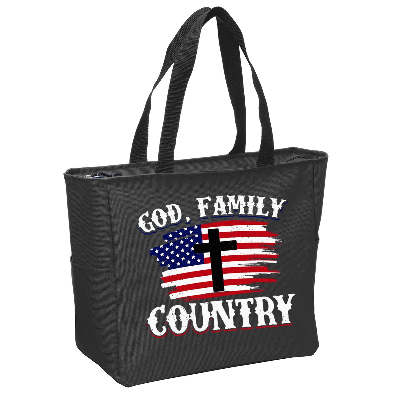 God Family Country American Flag Cross Christian Patriotic Zip Tote Bag