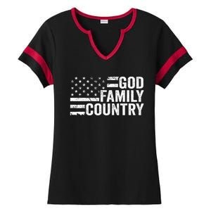 God Family Country Patriotic Christian American Flag Ladies Halftime Notch Neck Tee