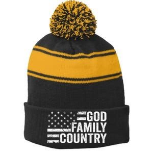 God Family Country Patriotic Christian American Flag Stripe Pom Pom Beanie