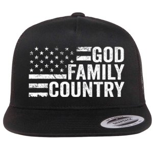 God Family Country Patriotic Christian American Flag Flat Bill Trucker Hat