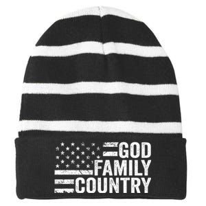 God Family Country Patriotic Christian American Flag Striped Beanie with Solid Band