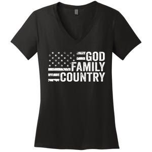 God Family Country Patriotic Christian American Flag Women's V-Neck T-Shirt