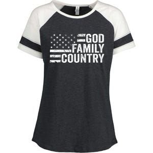 God Family Country Patriotic Christian American Flag Enza Ladies Jersey Colorblock Tee