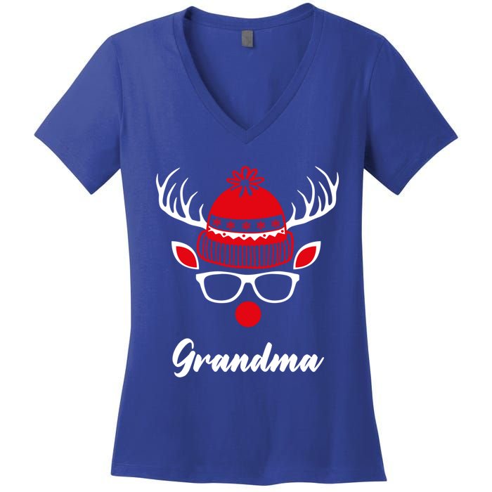 Grandma Funny Christmas Reindeer Face Family Matching Gift Women's V-Neck T-Shirt