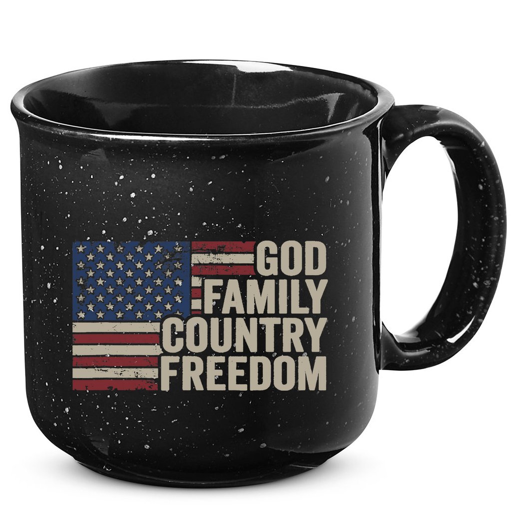 God Family Country Freedom 4th July USA Flag Christian 15oz Campfire Ceramic Mug