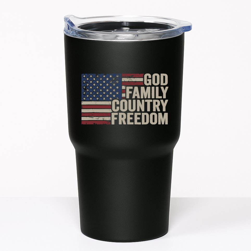 God Family Country Freedom 4th July USA Flag Christian Tumbler