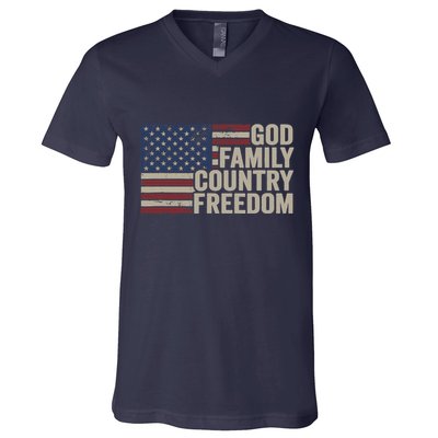 God Family Country Freedom 4th July USA Flag Christian V-Neck T-Shirt