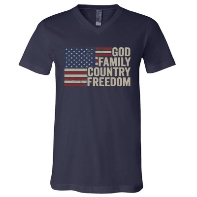 God Family Country Freedom 4th July USA Flag Christian V-Neck T-Shirt