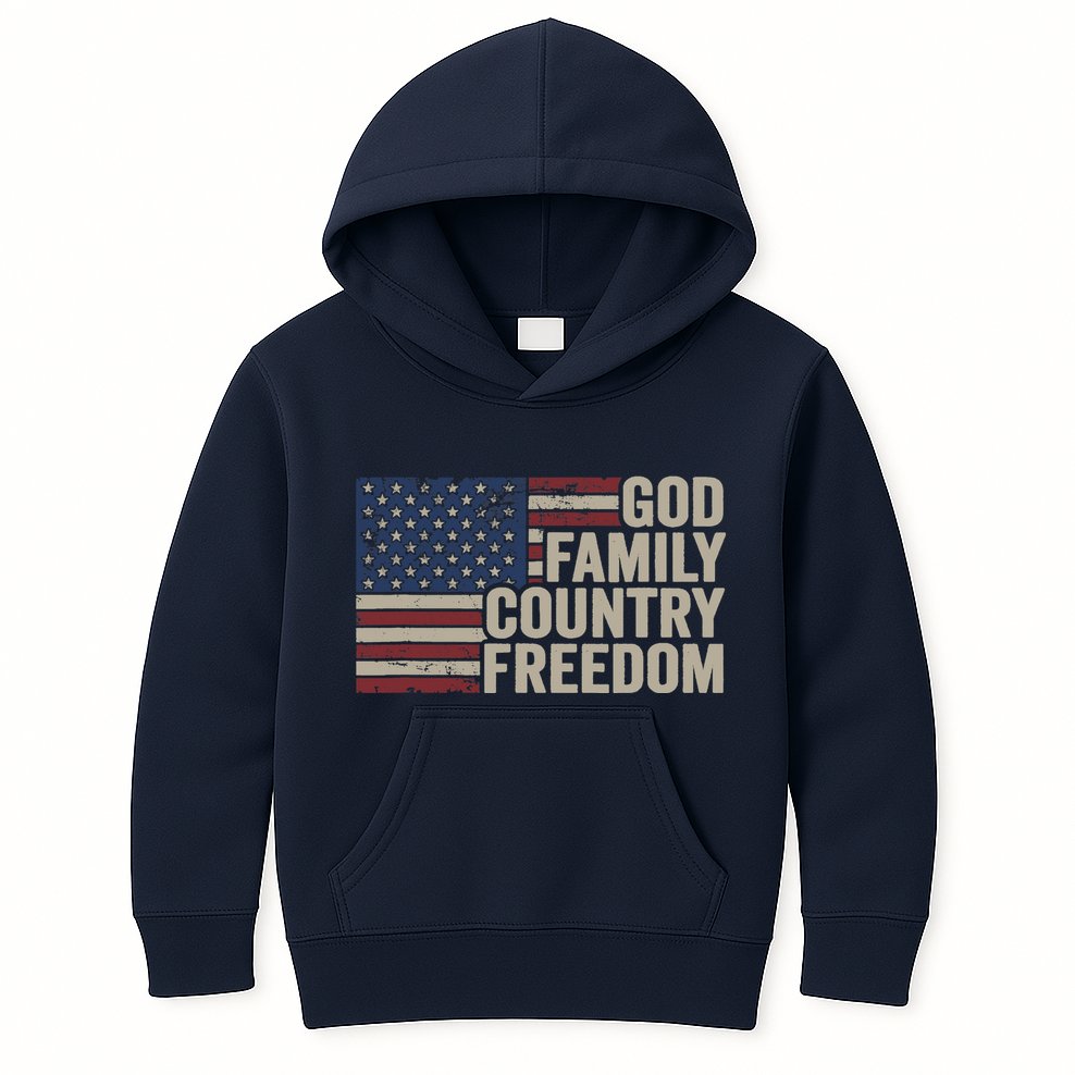 God Family Country Freedom 4th July USA Flag Christian Kids Hoodie