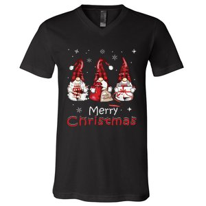 Gnome Family Christmas Shirts For Women Buffalo Plaid V-Neck T-Shirt