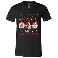 Gnome Family Christmas Shirts For Women Buffalo Plaid V-Neck T-Shirt